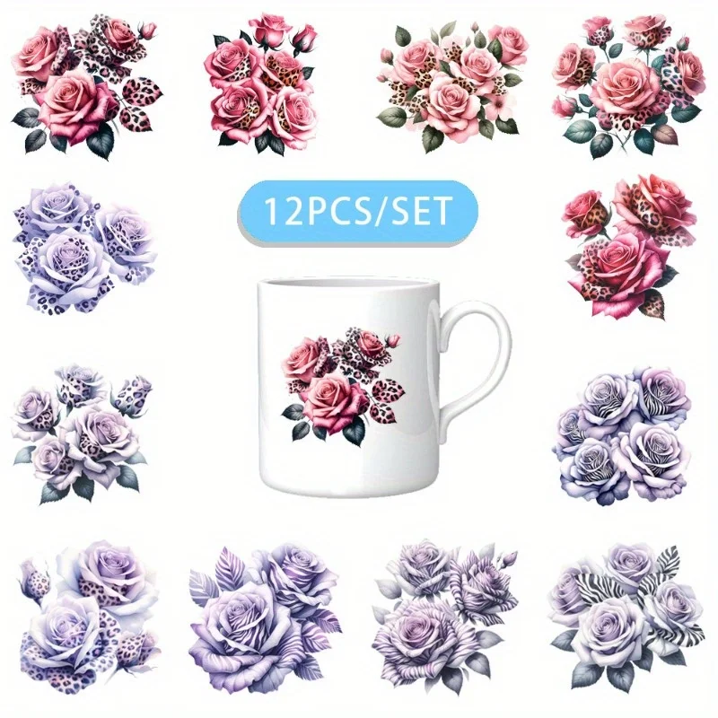 

Набор из 12 шт. УФ DTF самоклеящихся декоративных пленок для тумблеров с принтом животных и роз, для самостоятельного оформления