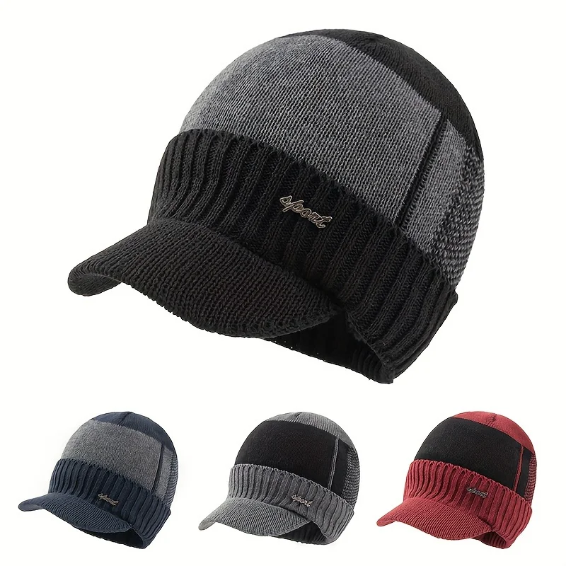 Herren-Baseballkappe mit dickem Futter und Schirm für Outdoor-Wärme – Warme Winter-Strickmütze für Herren mit Schirm