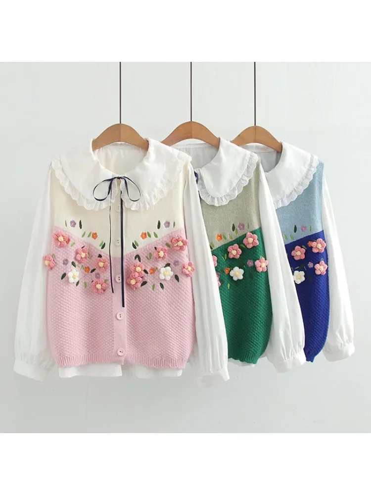 2 Pcs Women Suit  Lovely Flower Sweater Vest + White Blouse Set Cozy Embroidery Prairie Chic Student Sweet Design Y2k Preppy 