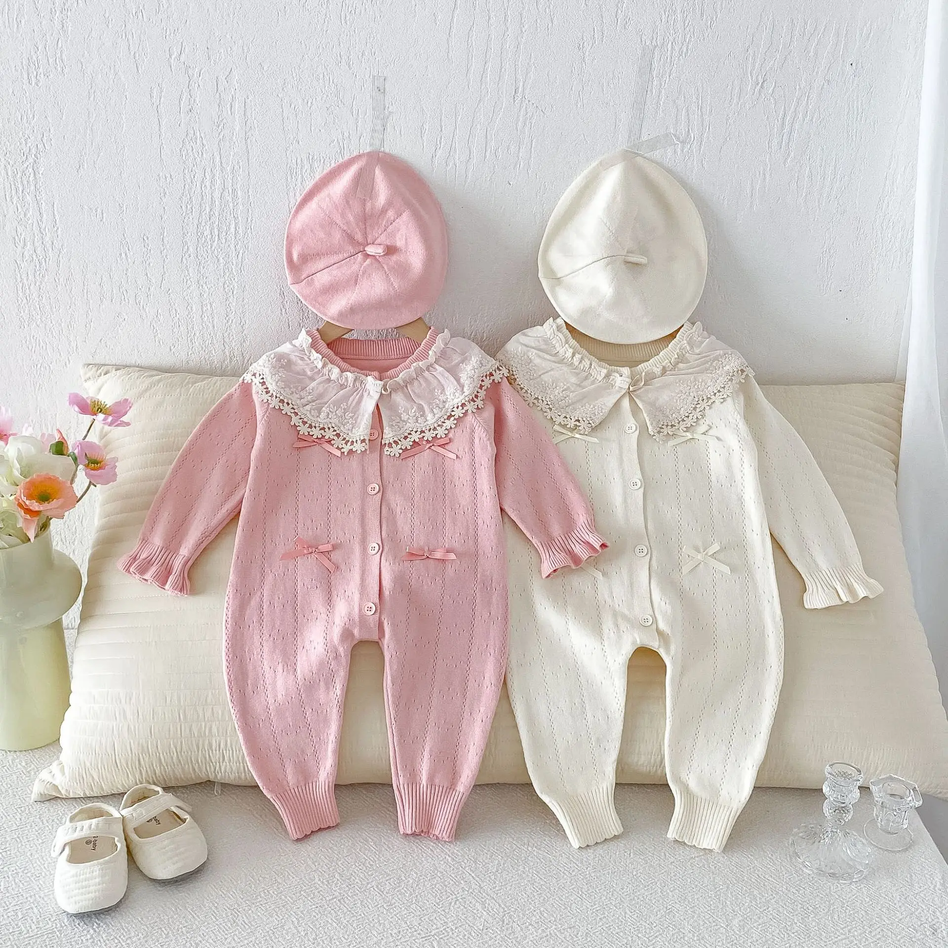 Girls' Onesie 2026 Spring and Autumn New Children's Wear Korean Style Girl Baby Sweet Princess Lace Bow Knitted Onesie
