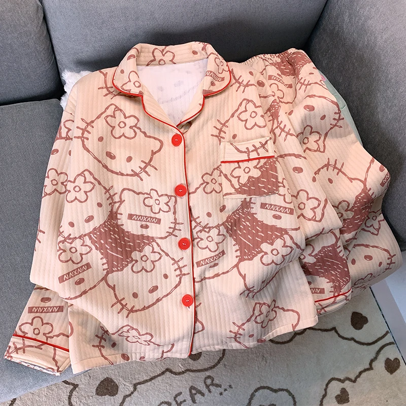 

Graffiti Hello Kitty Print Women's Pajamas Set Cute Two- Piece Loungewear Long Sleeve Top and Pant Thin Velvet Pajamas Winter
