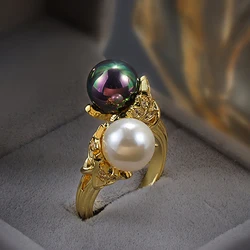 Vintage Adjustable Stainless Steel Rings for Women Creative 18K Gold Plated Pearls Ring Statement Jewelry Anniversary Gift