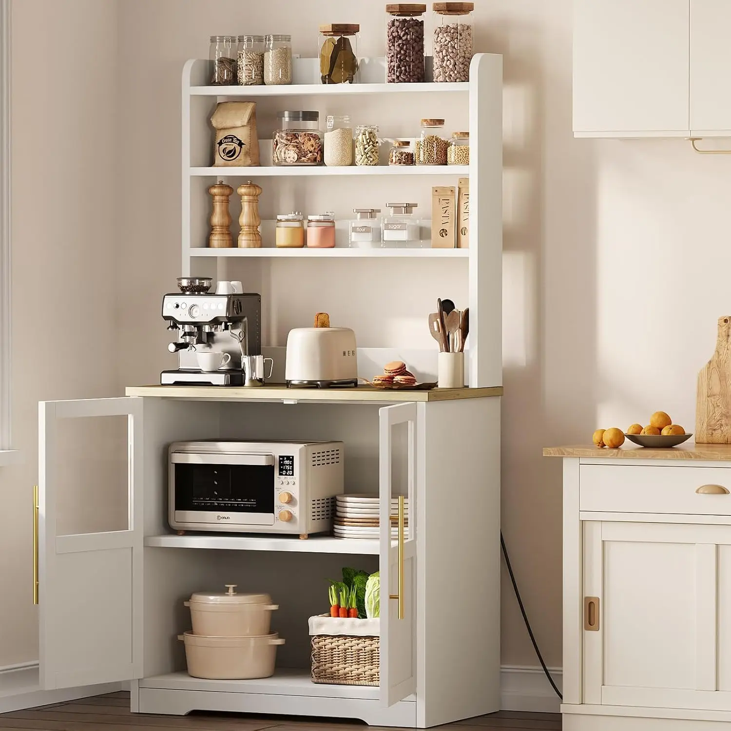 6-Tier Kitchen Bakers Rack With Power Outlet Bakers Rack With Storage Cabinet Microwave Oven Stand Pantry Hutch With