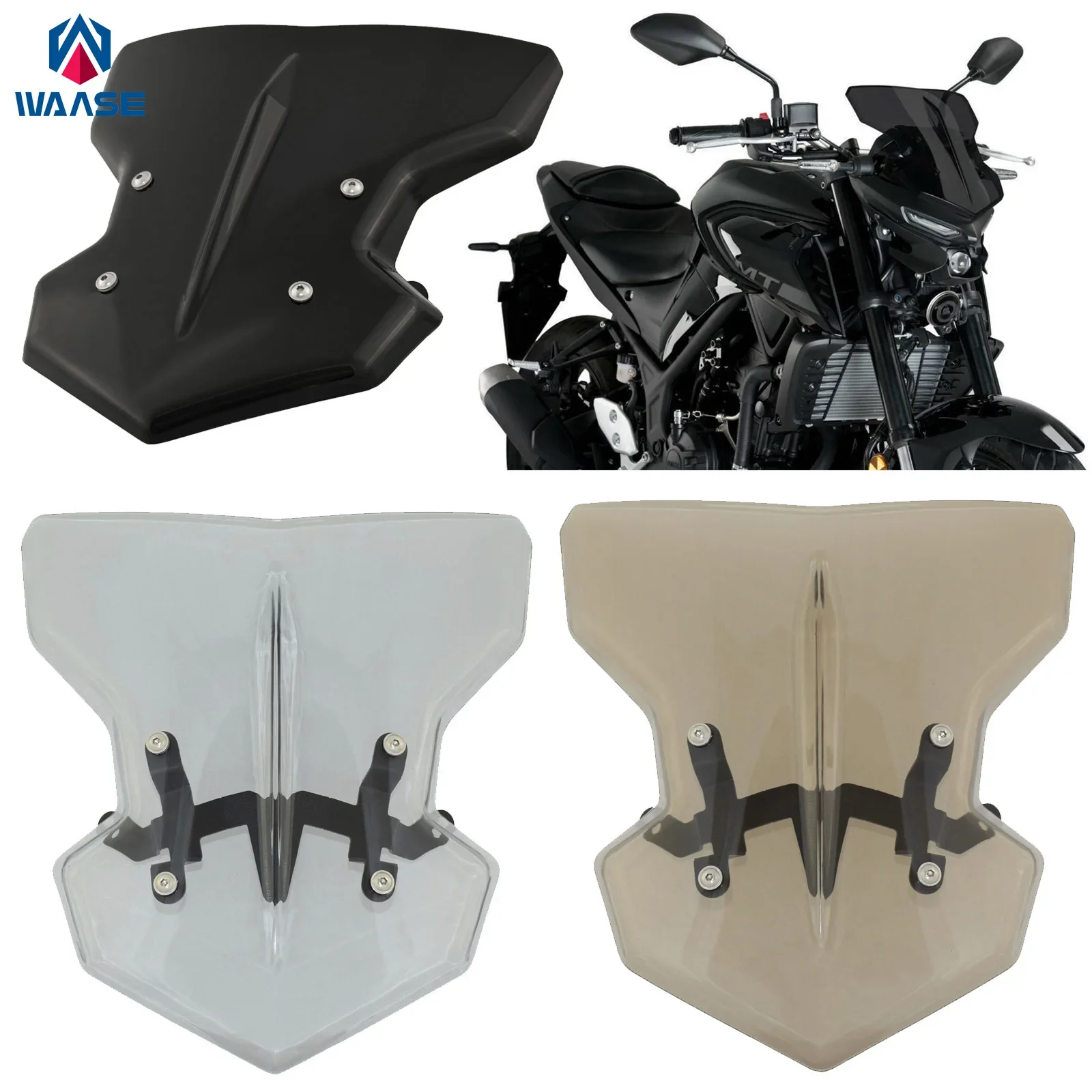 WAASE Front Windscreen Windshield Fly Screen Shield with Bracket For YAMAHA MT-03 MT03 2020 2021 2022 2023 2024