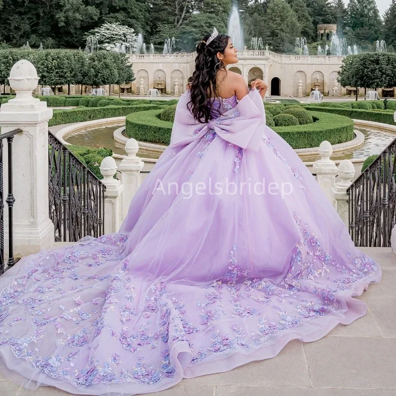 Angelsbride Shiny Lilac Ball Gown Quinceanera Dresses With 3D Appliques Bow Evening Beading Dress Vestido De 15 Quinceañera