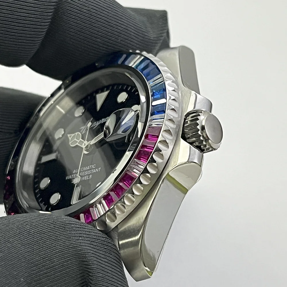 St1612 Men's 40mm Automatic Watch Polished Brushed Black Frame Sapphire Glass Case Water-Resistant Date Mechanical
