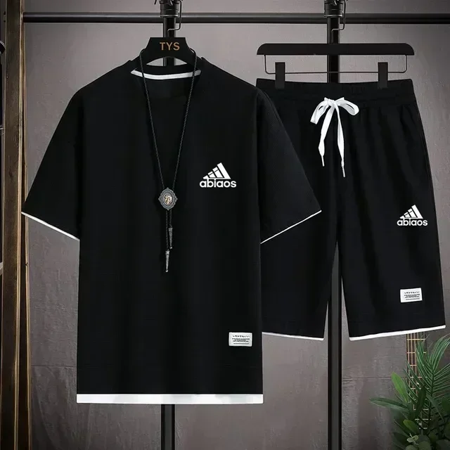

Summer Fashion Men's Casual Short-sleeved T-shirt with Sports Shorts Two-piece Breathable and Comfortable Running Waffle Set