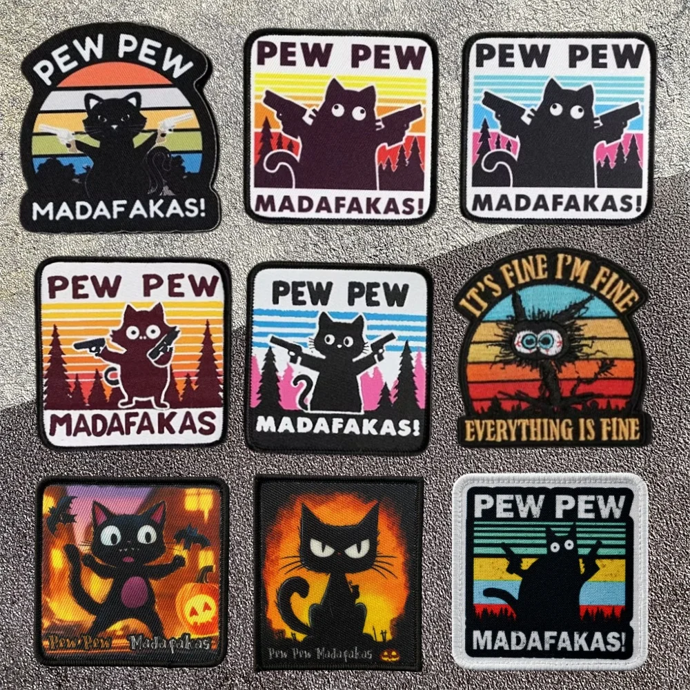 PEW PEW Madafakas Gun Tactical Morale Badge Patch Black Cat It's Fine Armband Fabric Patches Funny Hook & Loop  Backpack Emblems