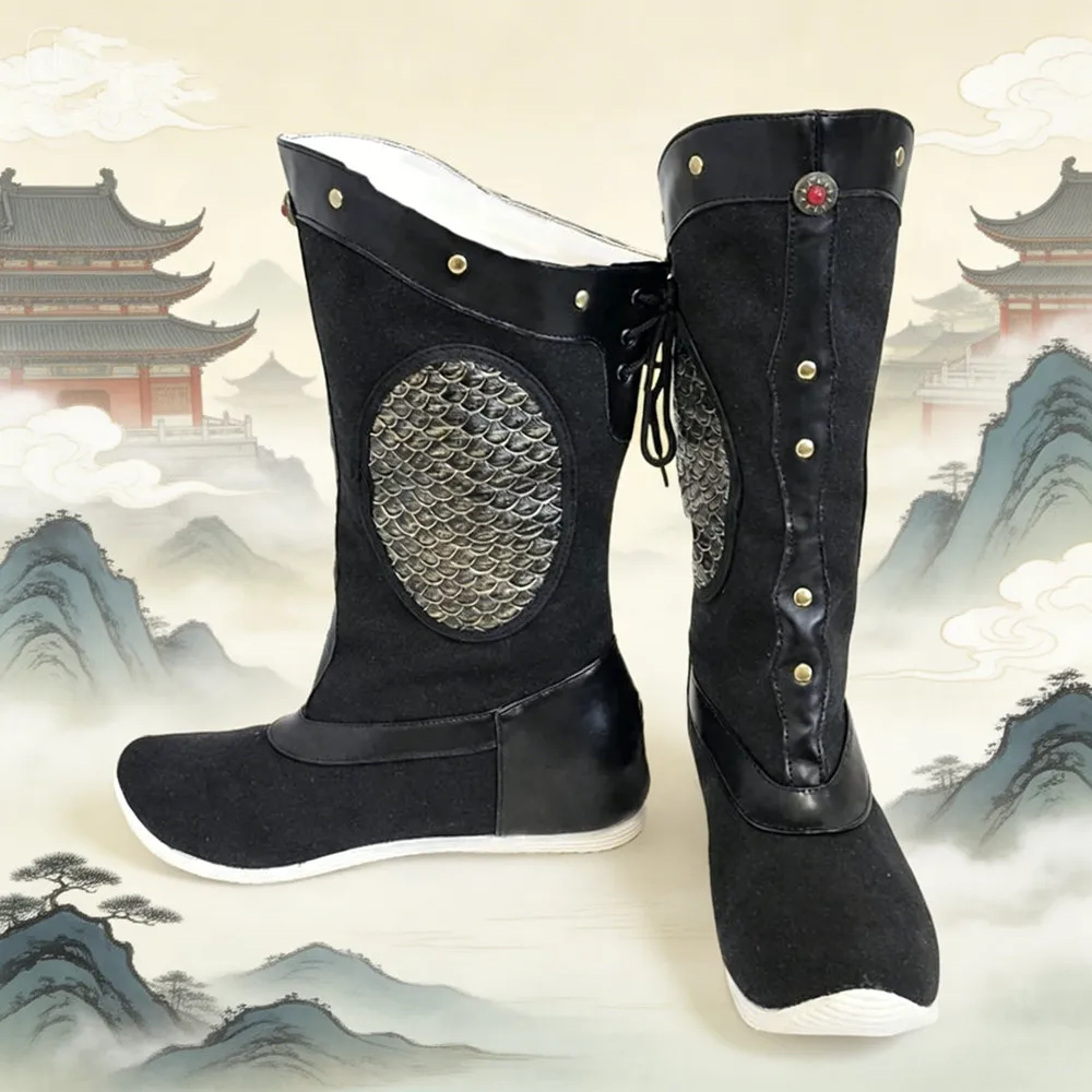 Hanfu Upturned Warrior Knight Officer Boots Fighter Swordsman Cosplay Shoes Armor Boots Adjustable Laces Height-increasing 3cm