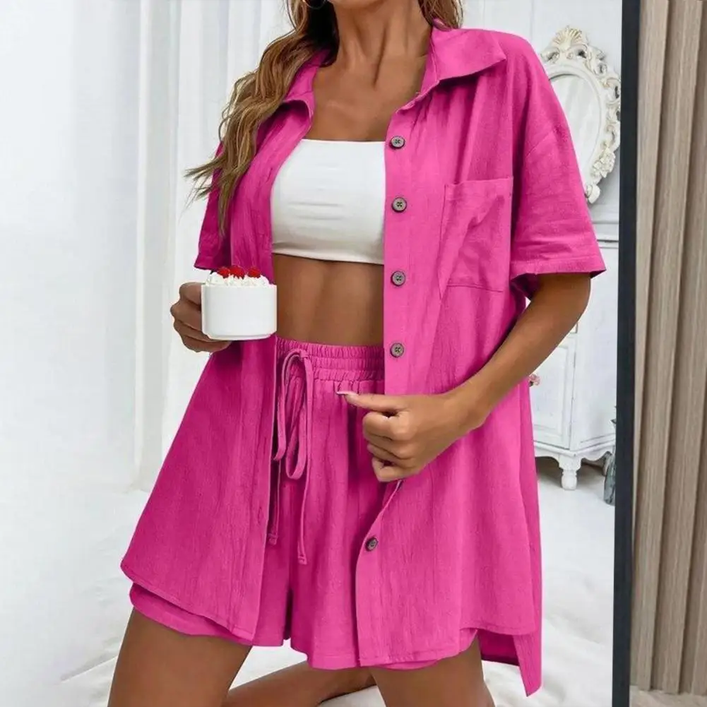 

Women's Casual Suit 2024 Summer Solid Color Fashion Loose Single-breasted Shirt Pocket Tie Shorts Women's Two-Piece Set