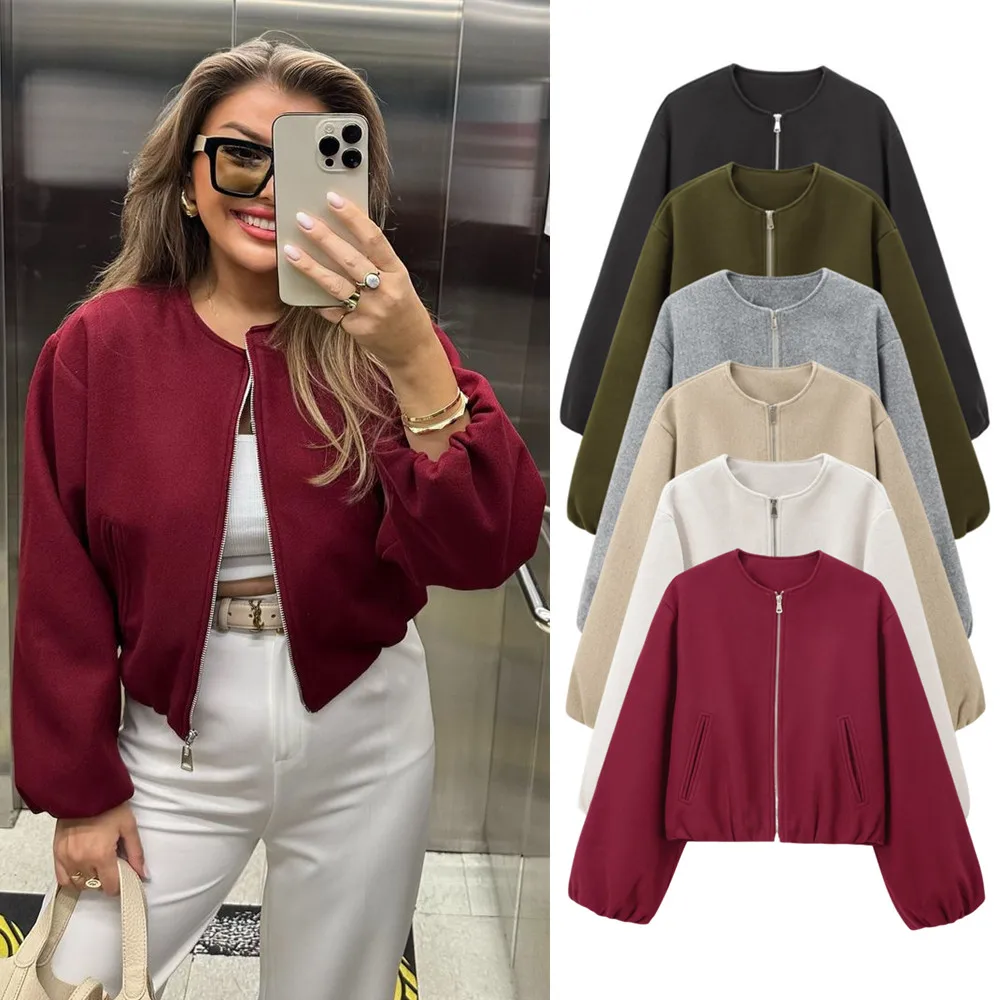 

BSK&TRAF autumn and winter new women's fashion commuting all-match round neck long-sleeved elastic layer soft pilot jacket