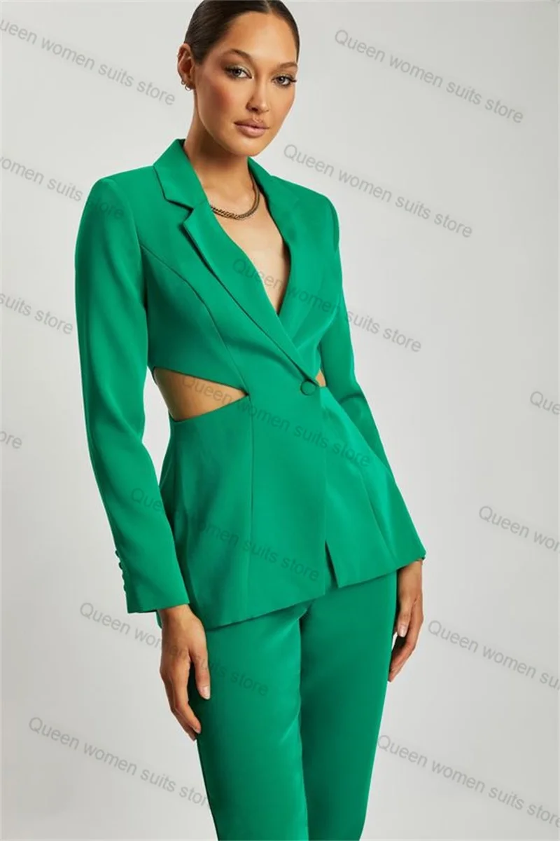 Traje de Boda Verde ahuecado para mujer, conjunto de 2 piezas, Blazer + Pantalones, chaqueta Sexy con cuello en V, abrigo Formal para oficina, vestido de graduación, hecho a medida