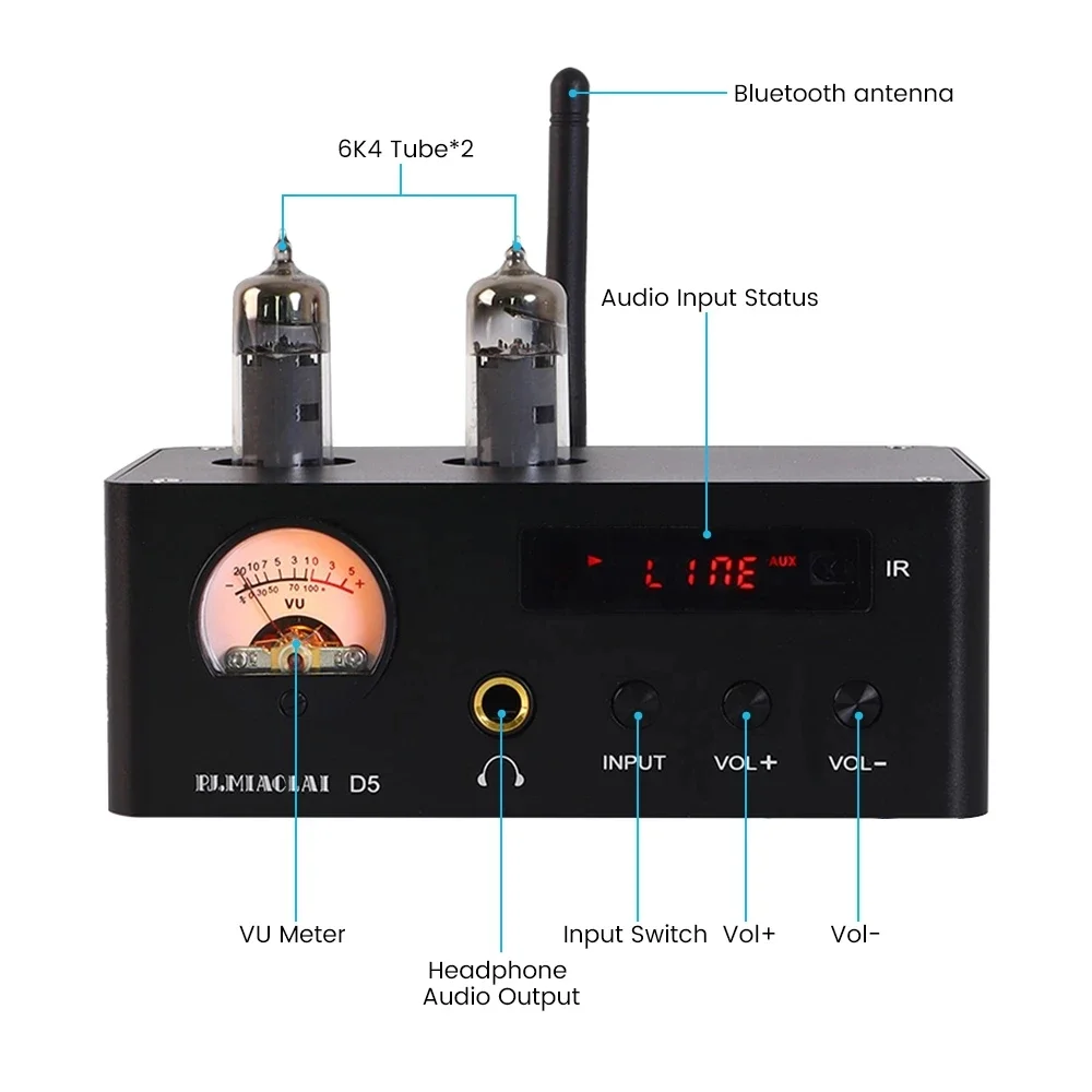 Audiophile Tube Power Amplifier Bluetooth 5.0 80W*2 High Power HIFI Amplifier NE5532+MA12070 Chip Infrared Remote Control