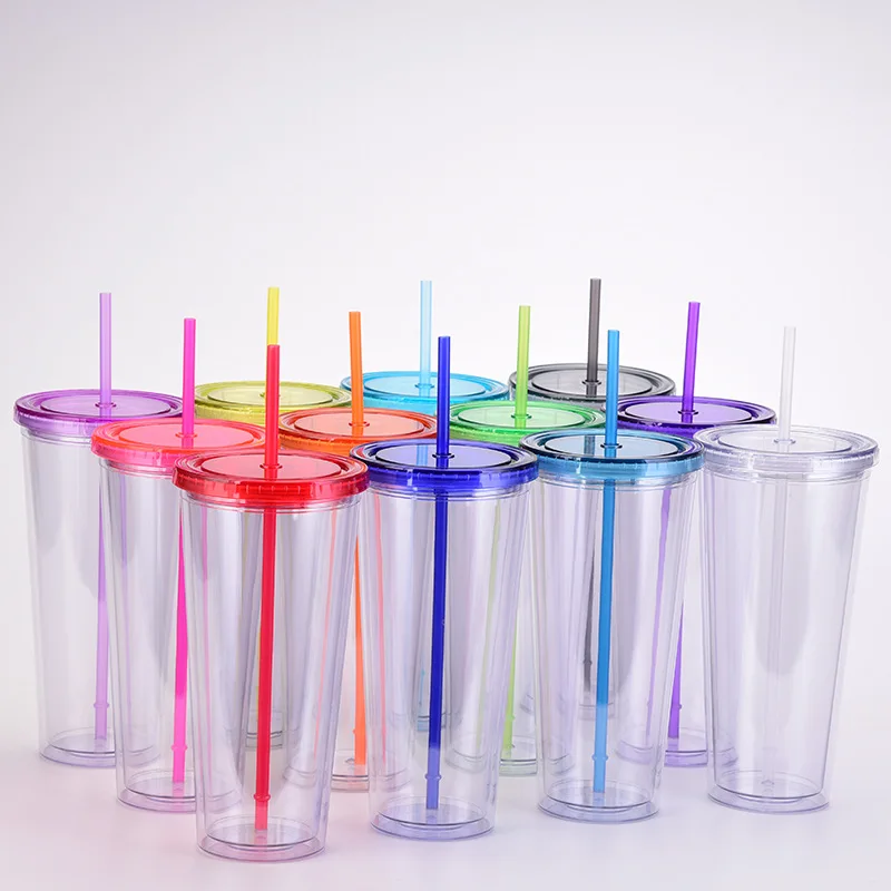 reusable double wall 1000ml 32oz clear plastic cup cold cup plastic straw tumbler with straw and lid