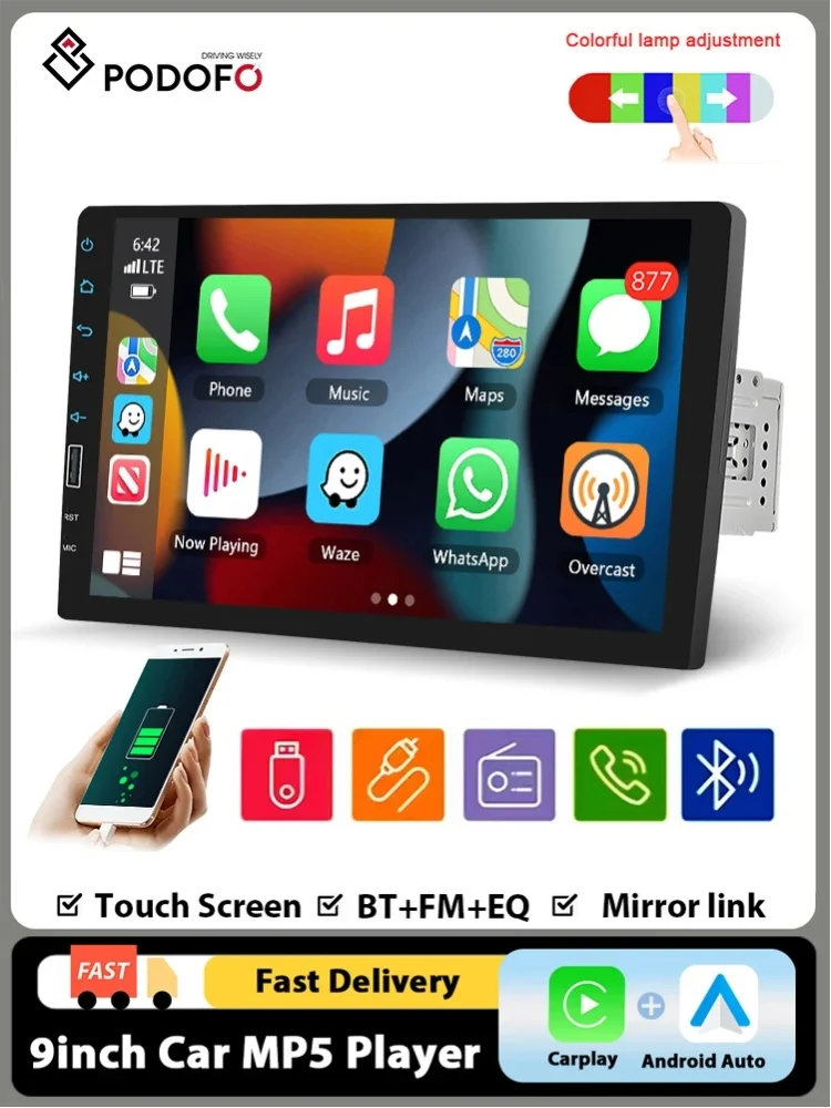 Podofo 1 Din Carplay Android Auto Mirror Link Universelles MP5 Autoradio 9'' Touchscreen BT FM Rückfahrkamera Lenkradsteuerung