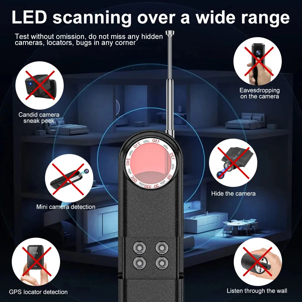 Rilevatore di telecamere nascoste Tester di dispositivi nascosti per Tracker GPS per auto Anti-spia professionale per prevenire la protezione della sicurezza delle riprese Stealth