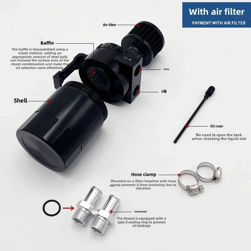 Oil Catch Can Reservoir Breather Tank +Filter Kit Polish,300ml Aluminum Black Universal with Stainless steel balls and Fuel Line