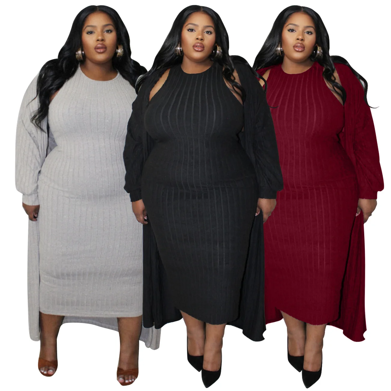 New Autumn Winter Women Fashion Dress Plus Size Clothing Long-sleeved Jacke Two-piece Suit Solid Casual Cardigan and Dresses