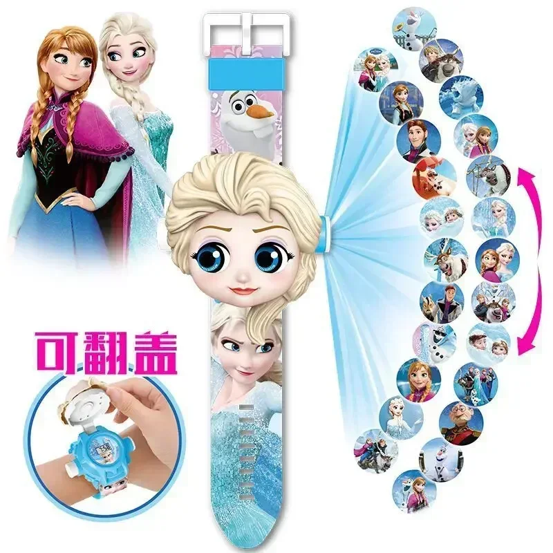 Disney-Montre de projection 3D Anime pour enfants, Frozen 2, Elsa, horloge de dessin animé, jouets pour filles, cadeaux d'anniversaire