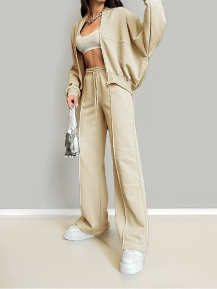Conjunto deportivo de dos piezas con capucha informal para mujer, Tops de manga larga con cremallera y pantalones de pierna ancha de cintura alta, trajes para mujer para primavera y otoño