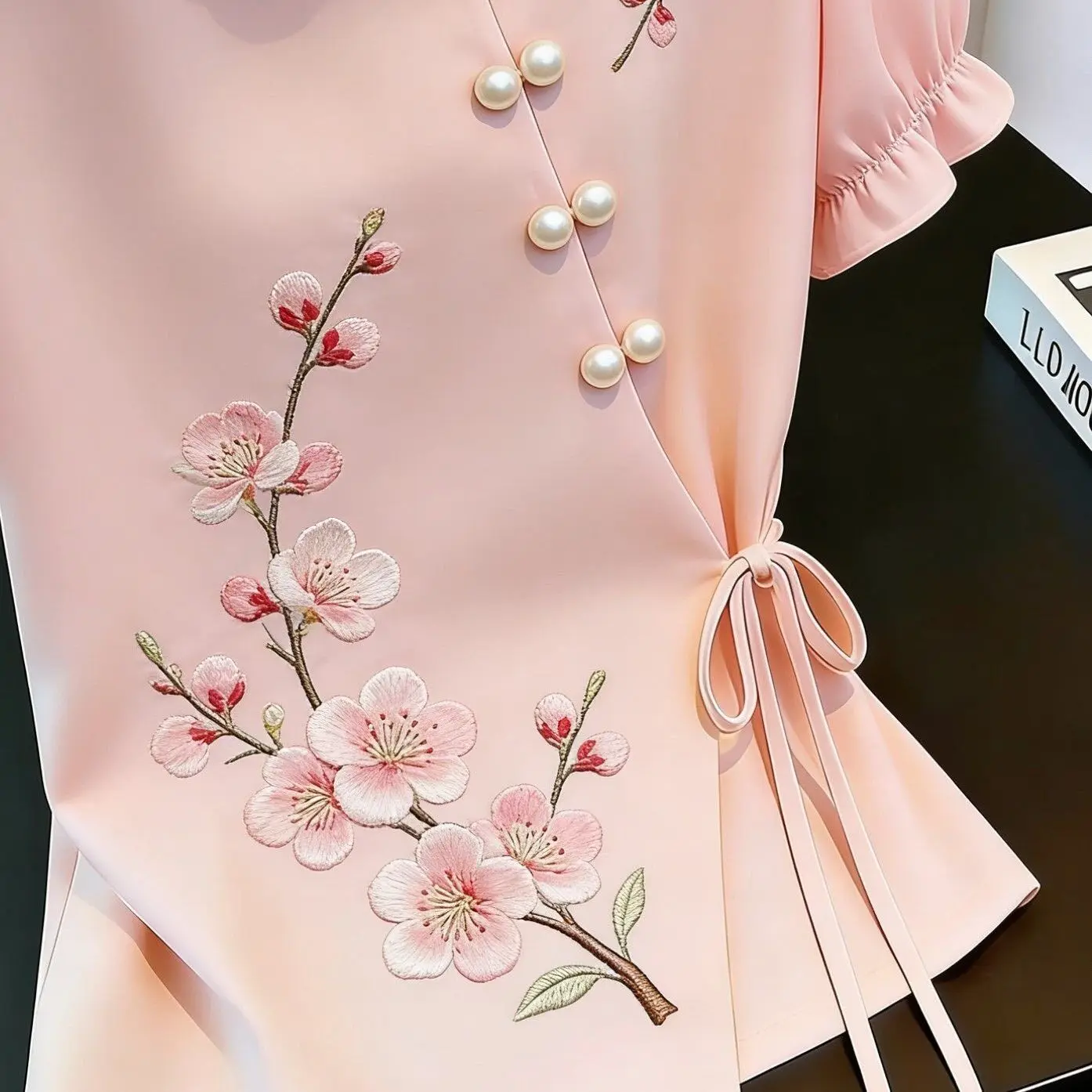 Chinese Style Embroidered Tie-up Shirt 2026 Summer Women Short Sleeve T-shirt Female Elegant Pink Shirt Office Lady Base Shirt view 3