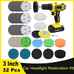 3 Inch Car Headlight Restoration Kit 32 Pcs with 1/4 Inch Shank Backing Pad Scouring Pads Buffing Sponge Pads Soft Interface Pad