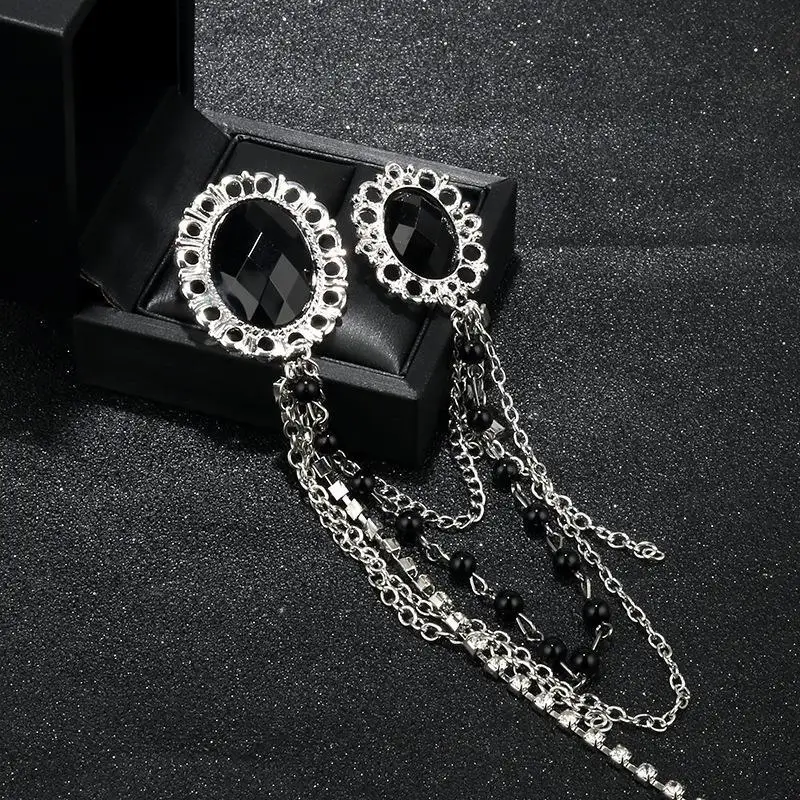 Double Chain Crystal Lapel Pin Premium British Style Brooch Elegant Suit Badge for Anniversary Party Wear Accessory