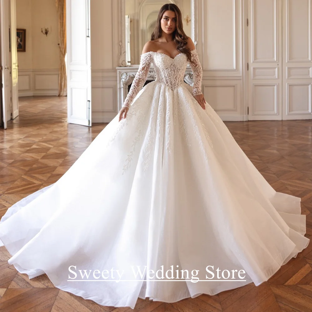 Funkelndes arabisches Hochzeitskleid, maßgeschneidert, V-Ausschnitt, volle Ärmel, Perlenstickerei, Pailletten, Ballkleid, Organza, Saudi-Brautkleider