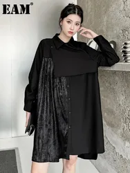 [EAM] Women Black Velvet Big Size Pleated Mini Shirt Dress New Lapel Long Sleeve Fashion Tide Spring Autumn 2024 1DH5157