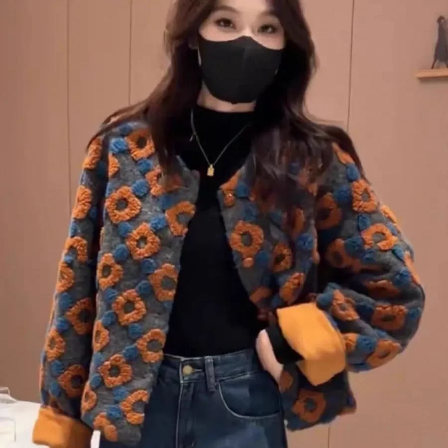 Women's Clothing Autumn Winter Coat Sweatshirt New Retro 3D Flowers Charm Loose Zipper Cardigan Coats Streetwear Short Jacket