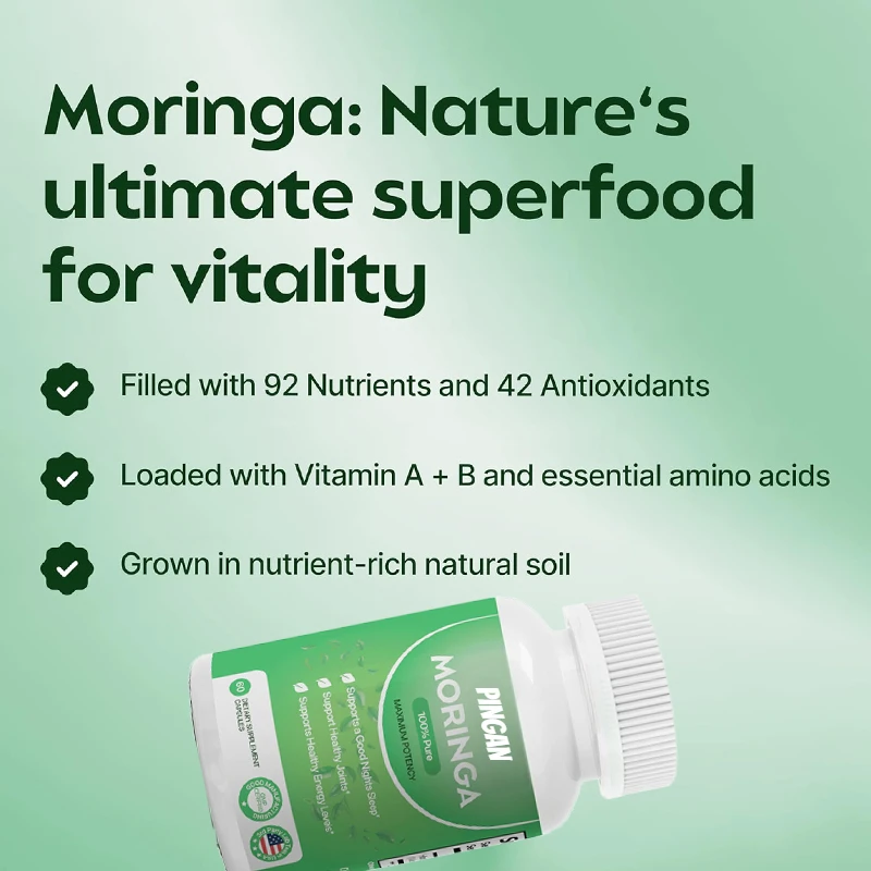 Moringa Powder Capsules Natural Green Antioxidant - Supports Energy, Skin Health, Intestinal Health+- Vitamins and Amino Acids