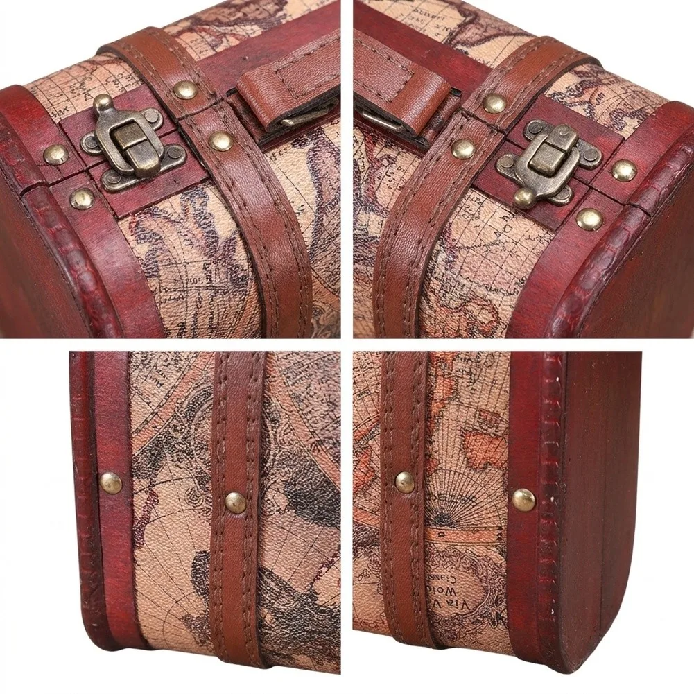 Vintage World Map Wooden Suitcase Leather Trim Storage Box Jewelry Keepsake Chest Home Table Decor Photography