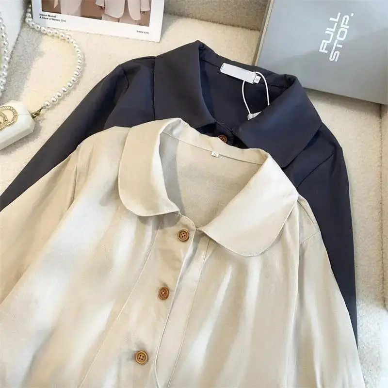 Vintage Brushed Loose Fitting Shirt with Inner Doll Sweet and Age Reducing Shirt Spring Top New Women\'s Collar Japanese Style