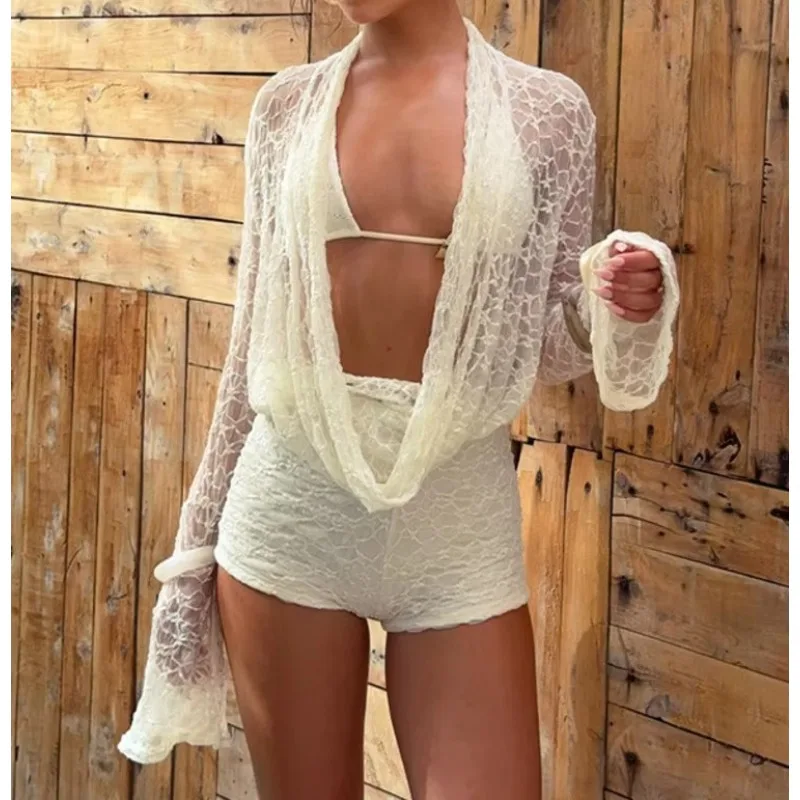 Women Lace Sheer Long Sleeve T Shirt Shorts Matching 2 Piece Set