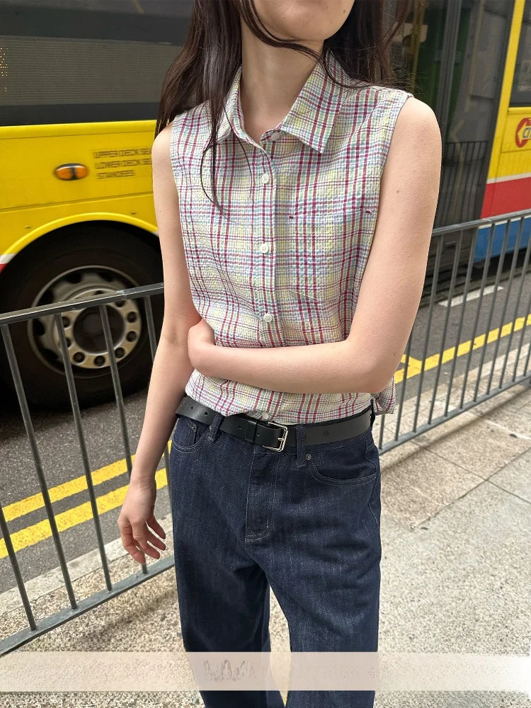 

UNRETRO Bubble Texture Retro Plaid Svel Slim Fit ort irt Women's Faion Street Sle Cotton Polyester Blend Summer