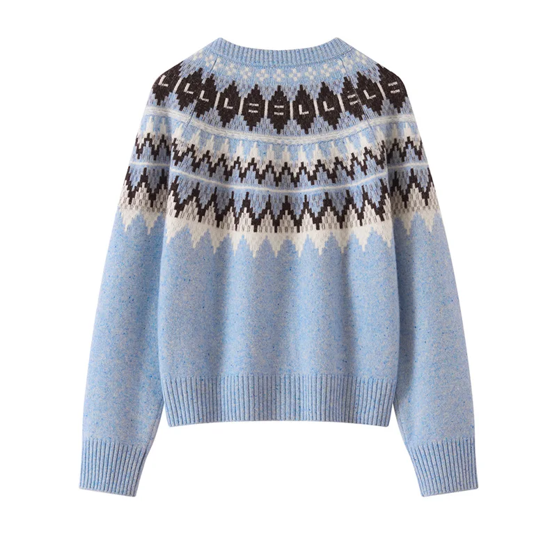 Blue Fair Isle Jacquard Women's Cardigan Round Neck Thickened 100% Cashmere Sweater Knitted Loose Zipper Sweater Coat