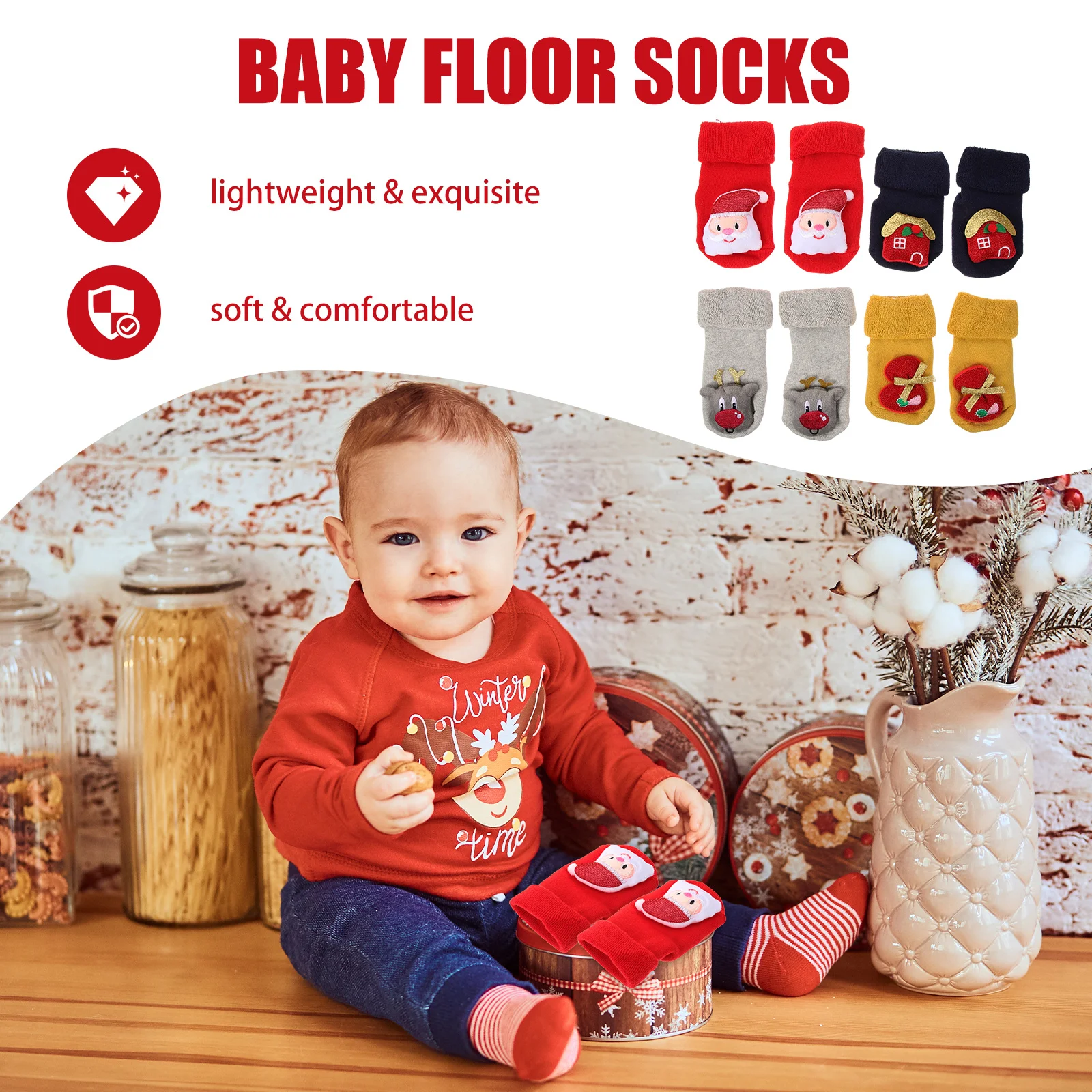 

4Pairs Christmas Baby Socks Soft Knitted Winter Floor Socks Anti-Slip Cold Protection Stocking Christmas Anti-Slip Socks,