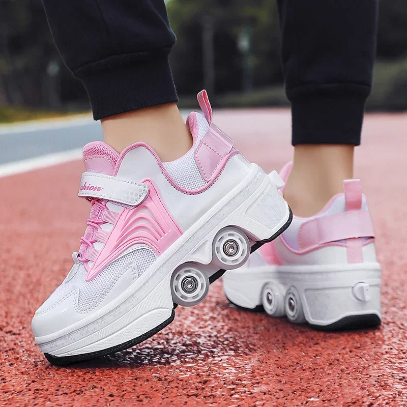 Child's 4-wheel Dual-purpose Roller Shoes Outdoor Kids Deformed Shoes With Wheels Fashion Parkour Sneakers For Girls From Gift