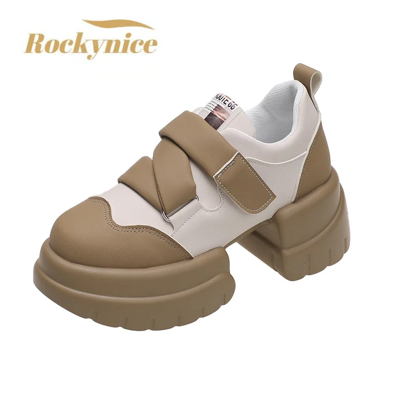 Spring Women Casual Leather Platform Shoes 7CM Chunky Heels Sneakers New 2023 Hidden Heels Black Sports Dad  Vulcanize Shoes