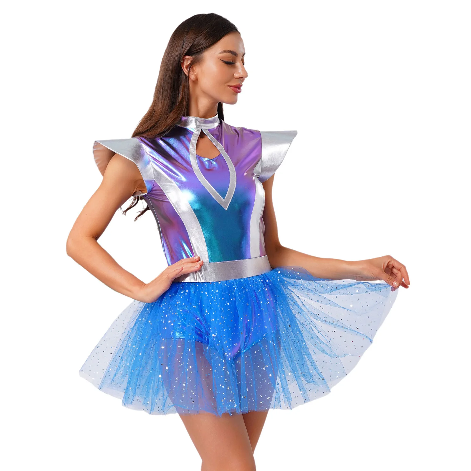 Woman's Outerspace Astronaut Alien Robot Halloween Cosplay Costume Metallic Cap Sleeve Leotard Tutu Skirts for Rave Party view 2
