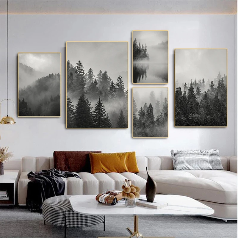 Black White Foggy Pine Tree Forest Mountains Posters and Prints Canvas Painting Wall Art Landscape Pictures for Room Home Decor