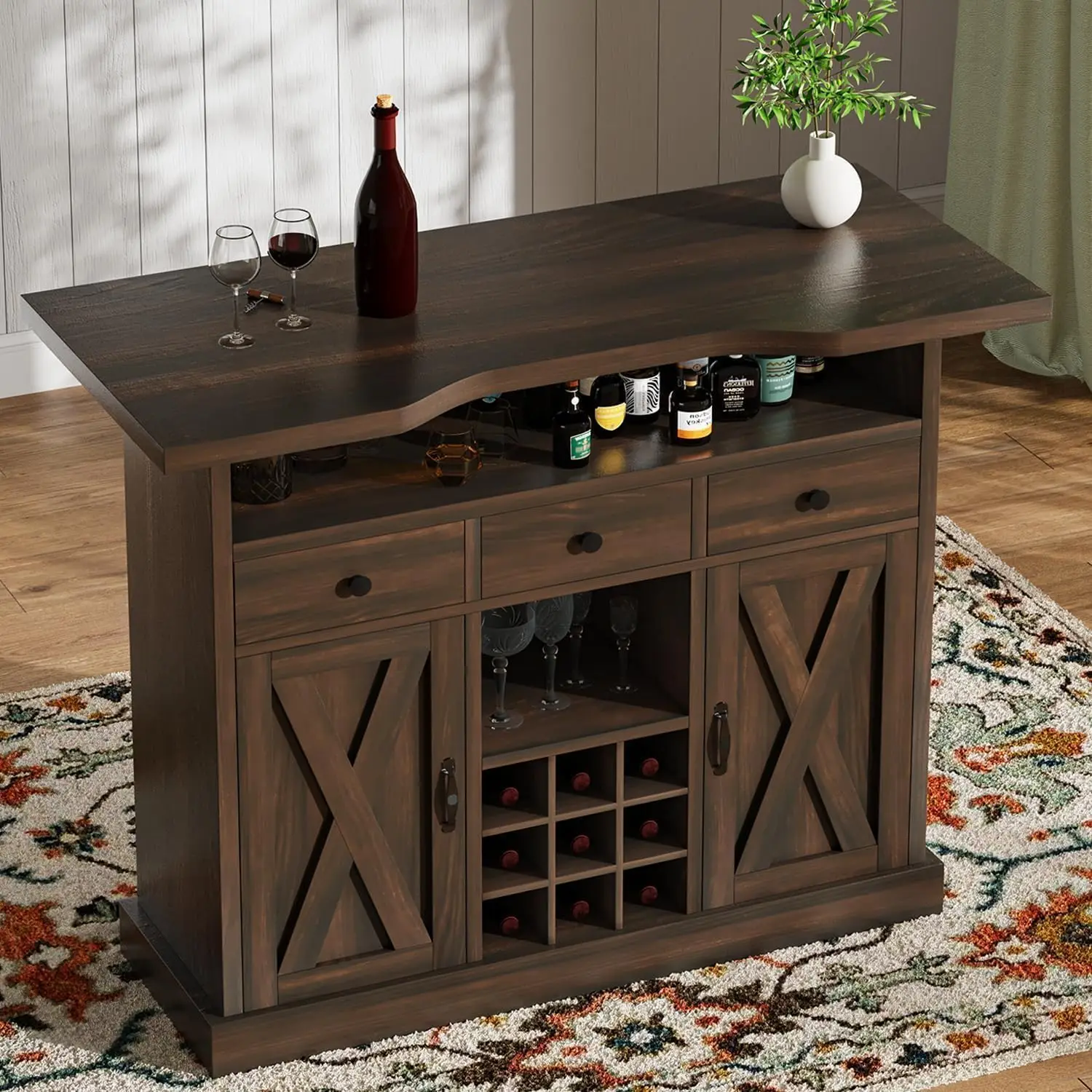 Farmhouse Home Bar Unit with 4-Tier Storage, 52 Inch Home Bar Table with 3 Drawers and 9 Wine Racks, Wine and Liquor Cabinet