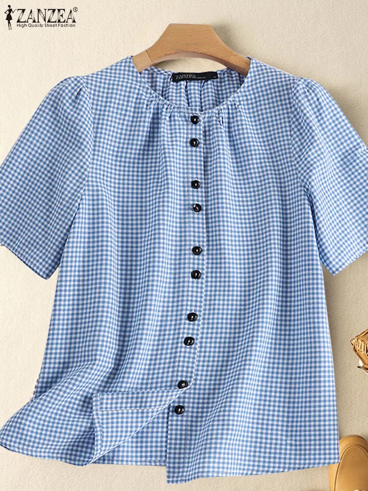 

Summer Short Sleeve Plaid Checked Blouse ZANZEA 2023 Women Vintage Tops Casual O Neck Buttons Up Shirt Female Holiday Blusas