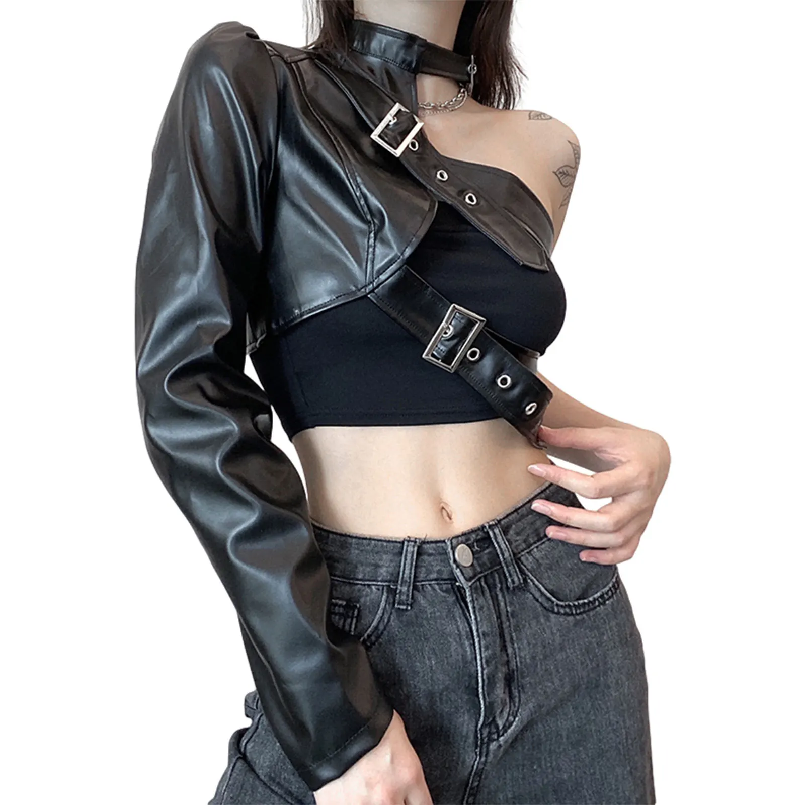 2000s เสื้อผ้าผู้หญิง Gothic Punk สไตล์ Crop Tops, cool แขนยาวคอแขวนเข็มขัดหนังเชื่อมต่อ Tops