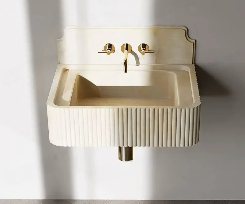 Wholesale Custom Beige Marble Slate Solid Stone Carving Groove Polished Hanging Basin for Bathroom Project