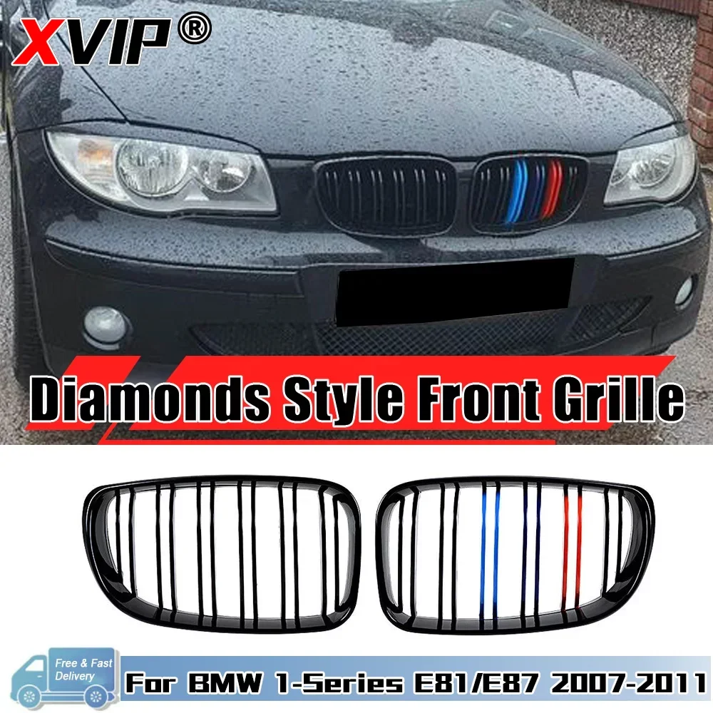 2x Glossy Black Front Kidney Racing M-Color Grills For BMW 1-Series E81 E82 E87 E88 2007-2011 Matte Black Double Bumper Grille