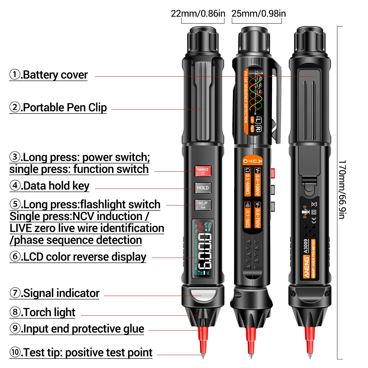 ANENG A3009 Mini Pen Multimeter Voice Broadcast 6000Counts Voltmeter VA Reverse LCD Flashlight NCV Tester for Voltage Resistance