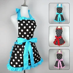 Cute Kitchen Apron Retro Polka Dot Aprons Adjustable Ruffle Side Vintage Cooking Aprons with Pockets for Car Wash/Painting Apron