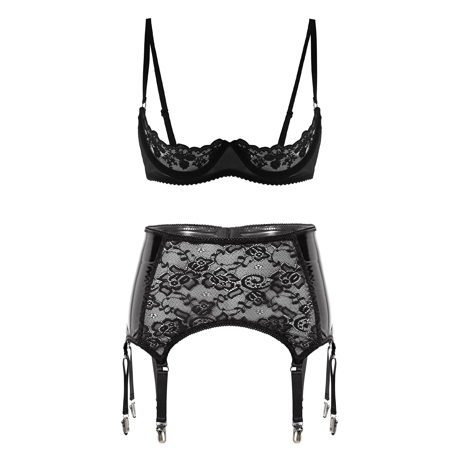 

Женский черный кружевной бюстгальтер с цветочным принтом и комплект подвязок из искусственной кожи, грудь, соска, прозрачный бюстгальтер, нижнее белье, соблазнительный комплект ночного белья для порно