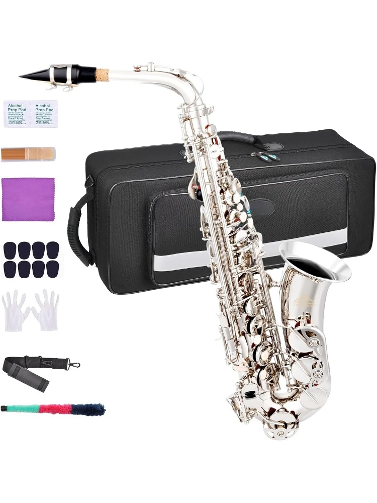 Alto Saxophone Nickel E Flat Sax Full Kit for Students Beginner with Carrying Case,Mouthpiece,Mouthpiece Cushion Pads,Cleaning